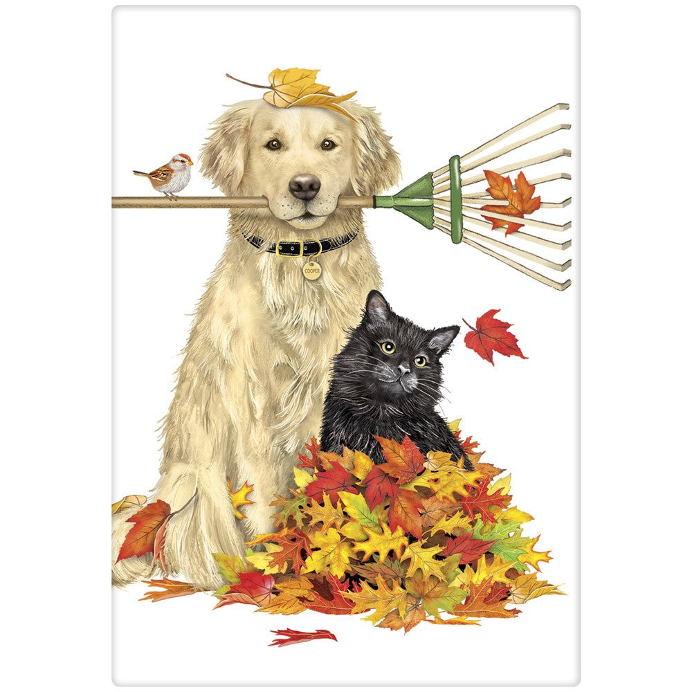 Golden Retriever & Cat Raking Leaves Towel