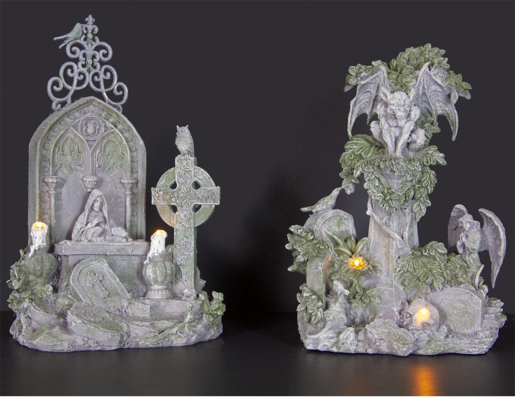 Haunted Cemetery with Gargoyle Figurines