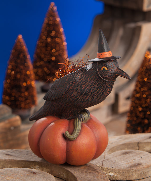 Perched Pumpkin Crow Container
