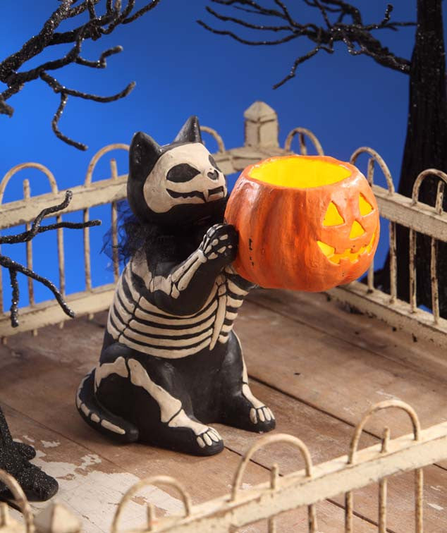 Skeleton Cat with Jack-O-Lantern Candle Holder