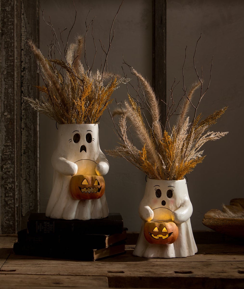"Scaredy Boo Ghost with Pumpkin Bucket, Paper Mache"