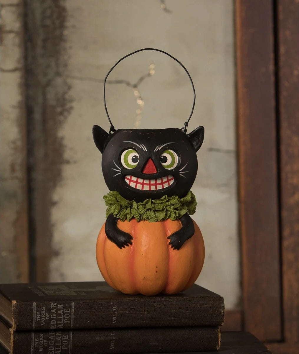 Vintage Black Cat in Pumpkin Bucket