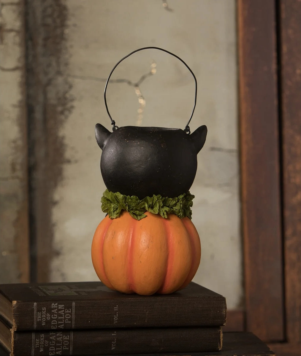 Vintage Black Cat in Pumpkin Bucket