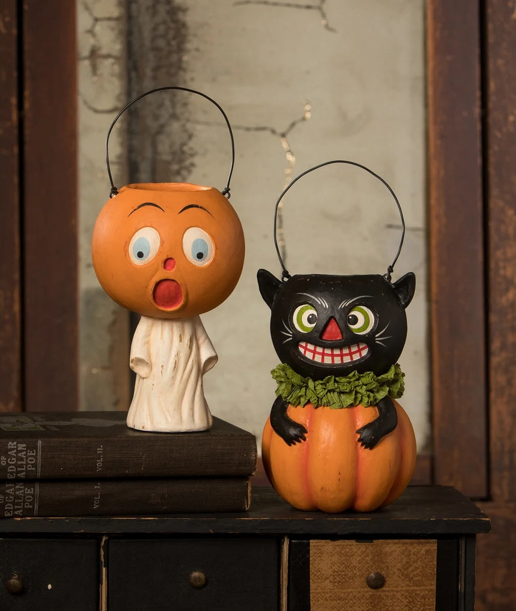 Vintage Black Cat in Pumpkin Bucket